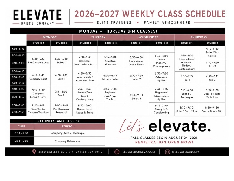 Elevate Fall Class Schedules